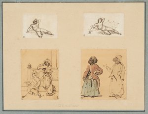 Négy rajz: két fekvő férfi akt és két oszmán alakról készült vázlat alkotó: Theodore Gericault