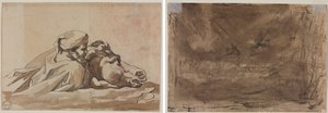 Ember, aki lovat szorongat a vízben, Poussin „Özönvize” után (recto); Kompozíciós tanulmány? (talán a "Poussin