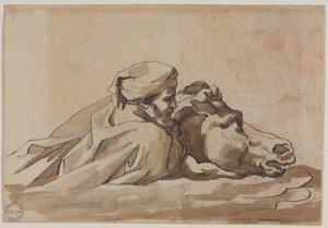 Lovat a vízben szorongató férfi, Poussin "Özönvíz" című képe után (recto), 1816 körül (grafitra írt toll és barna tinta, valamint ecset és barna tus). alkotó: Theodore Gericault