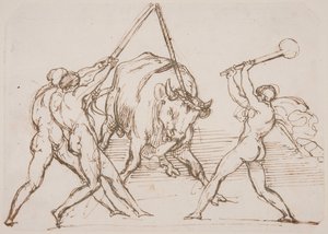 Három férfi, akik egy bikát ugratnak alkotó: Theodore Gericault