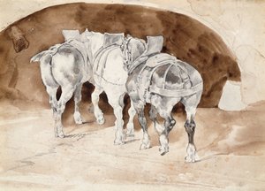 Három nehéz ló hámban (ceruza és szépia mosás) alkotó: Theodore Gericault