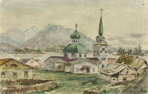 A görög templom hátulnézete, Sitka, 1888. alkotó: Theodore J. Richardson