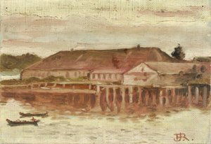 Kereskedőház és rakpart épületei, Sitka, este alkotó: Theodore J. Richardson