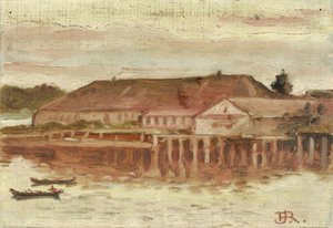 Kereskedelmi posta és rakparti épületek, Sitka, Este, kb. 1880-1914. alkotó: Theodore J. Richardson