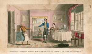 Érdekes interjú Charles Matthews úr és az ír színházi borbély között. alkotó: Theodore Lane