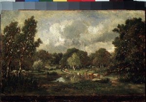 Tehenek az itatóhelyen. Theodore Rousseau (1812-1867) festménye. Olaj, fa