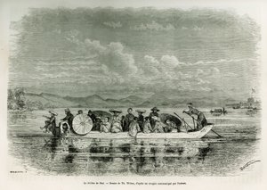 Hajó a Hue folyón (Vietnam), rajza Th. Weber, hogy illusztrálja a hue-i (Annam királyság) nyolc napos nagykövetségének történetét 1875-ben, Mr. Brossard de Corbigny hadnagy (N), a misszió tagja. Gravírozás a Le tour du monde-ban