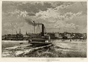 Érkezés a kanadai Victoria-ba. Th.Weber metszet, E.Cotteau „A Transcanadien és Alaska” című történetének illusztrálására, 1890-ben a Le tour du monde, nouveau Journal des voyages, Edouard Charton (1807-1890) szerkesztője, 1891. 2. félév , kiadás Hachet alkotó: Theodore Weber