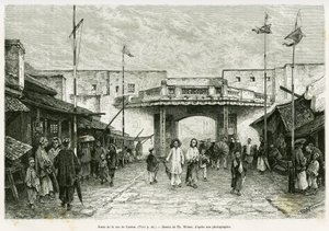 Canton Street Gate Hanoiban. Metszete Th. Weber, fényképről, hogy illusztrálja a Trente mois au Tonkin című történetet 1884-ben, Doctor Hocquard tour du monde 1889-ben Edouard Charton (1807-1890) irányításával, Hachette, Párizs.