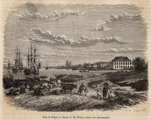 La rade de Saigon, metszet T. Weber rajza után, amely a Cochinchina felé vezető utat illusztrálja, Doctor Morice, 1872-ben, megjelent a „” Le tour du monde””” 1875-ben, szerkesztette Edouard Charton, Hachette kiadás, Párizs. Selva kollekció.