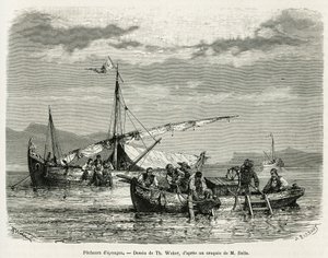 Szivacshalászok a Nafplio-öbölben, The. Weber, Henri Belle 1861-ben, 1868-ban és 1874-ben tett görögországi utazásának történetének illusztrálására. Gravírozás a Le tour du monde-ban