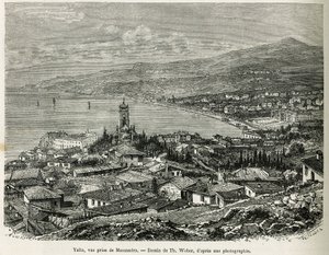 Jalta városa, Massandrából vett, Th.Weber rajza F. De Mely Négy hónap Oroszországban című 1876-os történetének illusztrálására. Gravírozás a Le tour du monde-ban alkotó: Theodore Weber