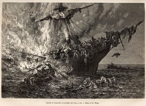 A Cospatrick, egy brit hajó, amely több mint 400 emigránst szállított Új-Zélandra, tüze 1874. november 19-én, T. Weber rajza után, amely a viharok és utazások tanulmányozását illusztrálja, Mr. Zurcher és Mr. Margolle. 1870-1874, megjelent: