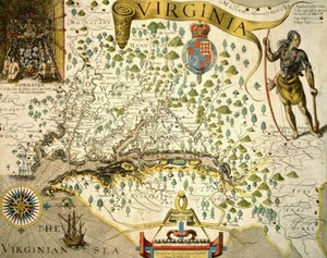 Sloane MS 1622 Virginia térképe, amelyen a bal felső sarokban Powhatan főnök képe látható, John Smith (1580-1631) 1624-ben (kézzel színezett metszet) alkotó: Theodore de (after) Bry
