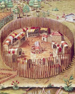 Egy pomeioki indián erődített falu, Admiranda Narratio illusztrációja, Theodore De Bry alkotó: Theodore de Bry