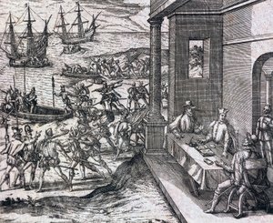 Megállapodás Francisco Pizarro, Diego de Almagro és Hernando de Luque között Peru felfedezéséről és kiaknázásáról alkotó: Theodore de Bry