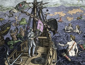 Allegorie des voyages de Christopher Columbus (1451-1506), metszet Theodor de Bry (1527-1598) "Historia Americae sive Novi Orbis" című művéből, Amszterdam 1594. alkotó: Theodore de Bry