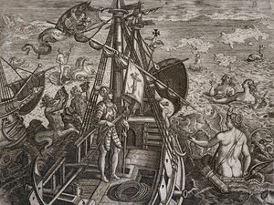 Kolumbusz Kristóf utazásának allegóriája az Újvilág felfedezéséig, Theodor de Bry (1528-1598) metszete alkotó: Theodore de Bry