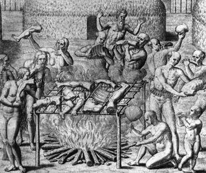 Anthropophage Meals: Kannibálok Brazíliában – Théodore de Bry "Amerika csodálatos meséjében" alkotó: Theodore de Bry