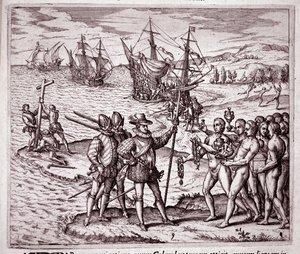Kolumbusz Kristóf megérkezése a nyugat-indiai Hispaniola szigetére (metszet alkotó: Theodore de Bry