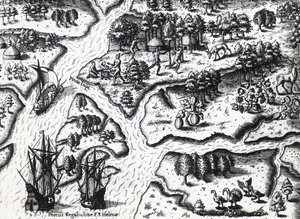 A franciák érkezése Port Royalba 1564-ben, Theodor de Bry (1528-1598) Jacques le Moyne de Morgues (kb. 1533-1588 előtt) festményéből, metszet alkotó: Theodore de Bry