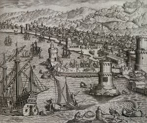 Girolamo Benzoni érkezése Las Palmas kikötőjébe amerikai útja során (1541), Kanári-szigetek, Theodor de Bry (1528-1598) metszete. alkotó: Theodore de Bry