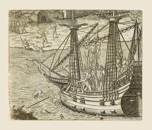 Bartolomeo Diaz néhány indiánt akaszt karavellára, metszet: Theodor de Bry (1528-1598) Amerikából alkotó: Theodore de Bry