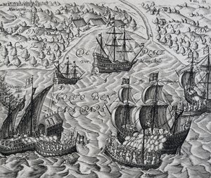 Csata Matical városa előtt a Bengáli-öbölben, Indiae Orientalis metszete, Theodor de Bry (1528-1598) alkotó: Theodore de Bry