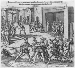 Diego de Almagro elfogása, tárgyalása és kivégzése Francisco Pizarro parancsára alkotó: Theodore de Bry