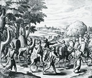 Arab kereskedők karavánja Aleppóból Bászrába utazva, metszet Grands and Petits Voyages, Theodor de Bry (1528-1598), Közel-Kelet alkotó: Theodore de Bry