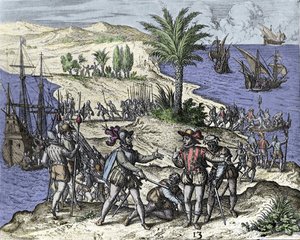 Kolumbusz Kristóf és testvére 1500-ban letartóztatta Francisco de Bobadilla. Metszet Théodore de Bry (1528-1598). alkotó: Theodore de Bry