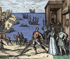 Kolumbusz Kristóf és a Pinzon fivérek 1492.08.03-án elhagyják a spanyolországi Palos kikötőjét az Újvilágba. Jobb oldalon Portugália királya és királynője II. Ferdinánd Aragóniai katolikus és Izabella Iere kasztíliai. Theodore de Bry metszete az „” Admiran alkotó: Theodore de Bry