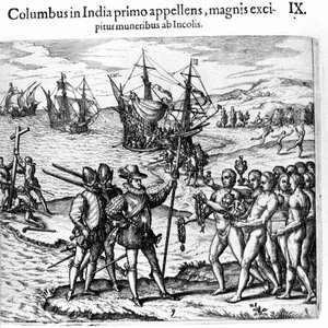 Kolumbusz Kristóf Nyugat-Indiába érkezik. Theodore de Bry metszetei az „Admirante Narratio - Americae” című filmben alkotó: Theodore de Bry