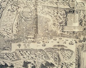 Goa városa Indiában, Theodor de Bry (1528-1598) metszete Jan Huyghen van Linschoten tengerész portugál Kelet-Indiába 1579-1592 közötti utazásának utazási beszámolójából, XVI. alkotó: Theodore de Bry
