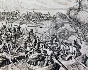 Összecsapás az őslakos indiánok és a spanyol csapatok között, metszet a Historia Americae-ból, Theodor de Bry (1528-1598), Frankfurt alkotó: Theodore de Bry