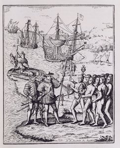 Columbus at Hispaniola, a „The Narrative and Critical History of America”-ból, szerkesztette Justin Winsor, London, 1886 alkotó: Theodore de Bry