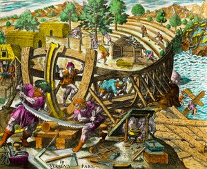 Hajó építése Vasco Nunez de Balboa (1475-1517) spanyol hajós számára. Metszet Theodore de Bry (1528-1598) „Amerika történelméből” 16. század. Magángyűjtemény alkotó: Theodore de Bry