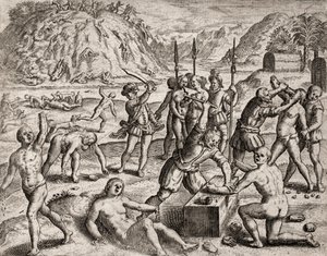 A spanyol telepesek által indiánokkal szemben elkövetett bűncselekmények leírása - Konkvisztádorok lemészároltak egy indián falut. Amputations des mains – Theodore de Bry metszete: „A spanyolok legelragadottabb indiánjainak elbeszélése”, Bartolome d. alkotó: Theodore de Bry