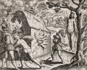 A spanyol telepesek által indiánokkal elkövetett bűncselekmények leírása - Egy indián falu tüze a hódítók által. Lógó – Theodore de Bry metszete Bartolome de las Casa "Néhány elpusztított spanyolról szóló legigazibb története" című művében alkotó: Theodore de Bry