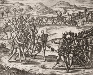 A spanyol telepesek által indiánokkal elkövetett bűncselekmények leírása - Indiánok ajándékot és aranyat hoznak a hódítóknak - Theodore de Bry metszetei " "Néhány elpusztított spanyol spanyol története alkotó: Theodore de Bry