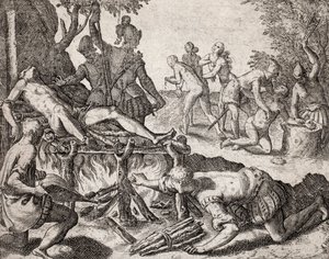 A spanyol telepesek által indiánokkal szemben elkövetett bűncselekmények leírása - A spanyol hódítók indiánkínzásának jelenete. Kínzás grillen, kéz amputációja – Theodore de Bry metszet a Narratio regionum indicarum per Hispanos quosdam devastataru könyvéb