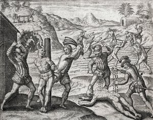 Spanyol telepesek által indiánokkal szemben elkövetett bűncselekmények leírása – indiánokat kínzó spanyolok – Theodore de Bry metszete Bartolome de las Casas (1484-1566) „Brevisima Relacion de la Destruction de las Indias” című művében