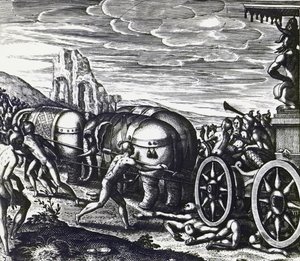 Theodor de Bry (1528-1598) metszetével a bhaktákat szekér zúzta össze bálványmenet közben alkotó: Theodore de Bry