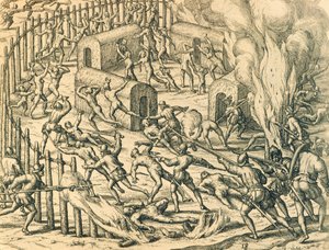 Európai hódítók megtámadnak egy indián falut, Theodore de Bry illusztrációja az amerikai történelemből alkotó: Theodore de Bry