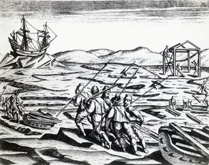 William Barents (kb. 1550-1597) által vezetett expedíció az északkeleti átjárót kereső Peregrinationesből, Theodor de Bry (1528-1598), metszet alkotó: Theodore de Bry