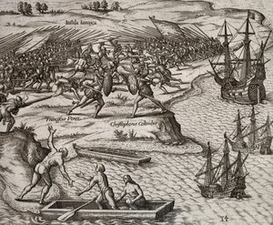 Kolumbusz Kristóf és Francesco Poresio harca Jamaicában, Theodor de Bry (1528-1598) metszete alkotó: Theodore de Bry