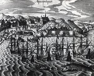 Gályaflotta Acapulco kikötőjében, Theodor de Bry (1528-1598), metszet alkotó: Theodore de Bry