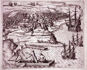 Kolumbusz Kristóf negyedik útja Jamaica szigetén 1503-ban (metszet alkotó: Theodore de Bry
