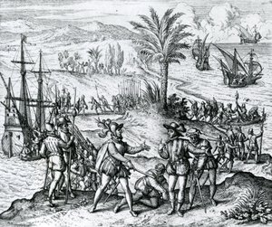 Francisco de Bobadilla megérkezik kormányzónak és letartóztatja Kolumbusz Kristófot (1451-1506) Hispaniolán, 1500, 1590. alkotó: Theodore de Bry