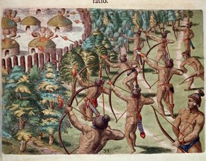 Amerika története: „”Egy indián törzs éjszaka megtámad egy falut Floridában”” Metszet Theodore de Bry (1528-1598) „” Admirante Narratio Americae” című könyvéből alkotó: Theodore de Bry